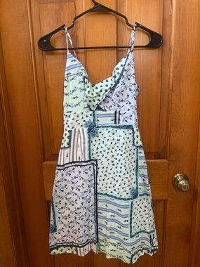 LOFT Patchwork Floral Spaghetti-Strap Dress in Mint and Navy